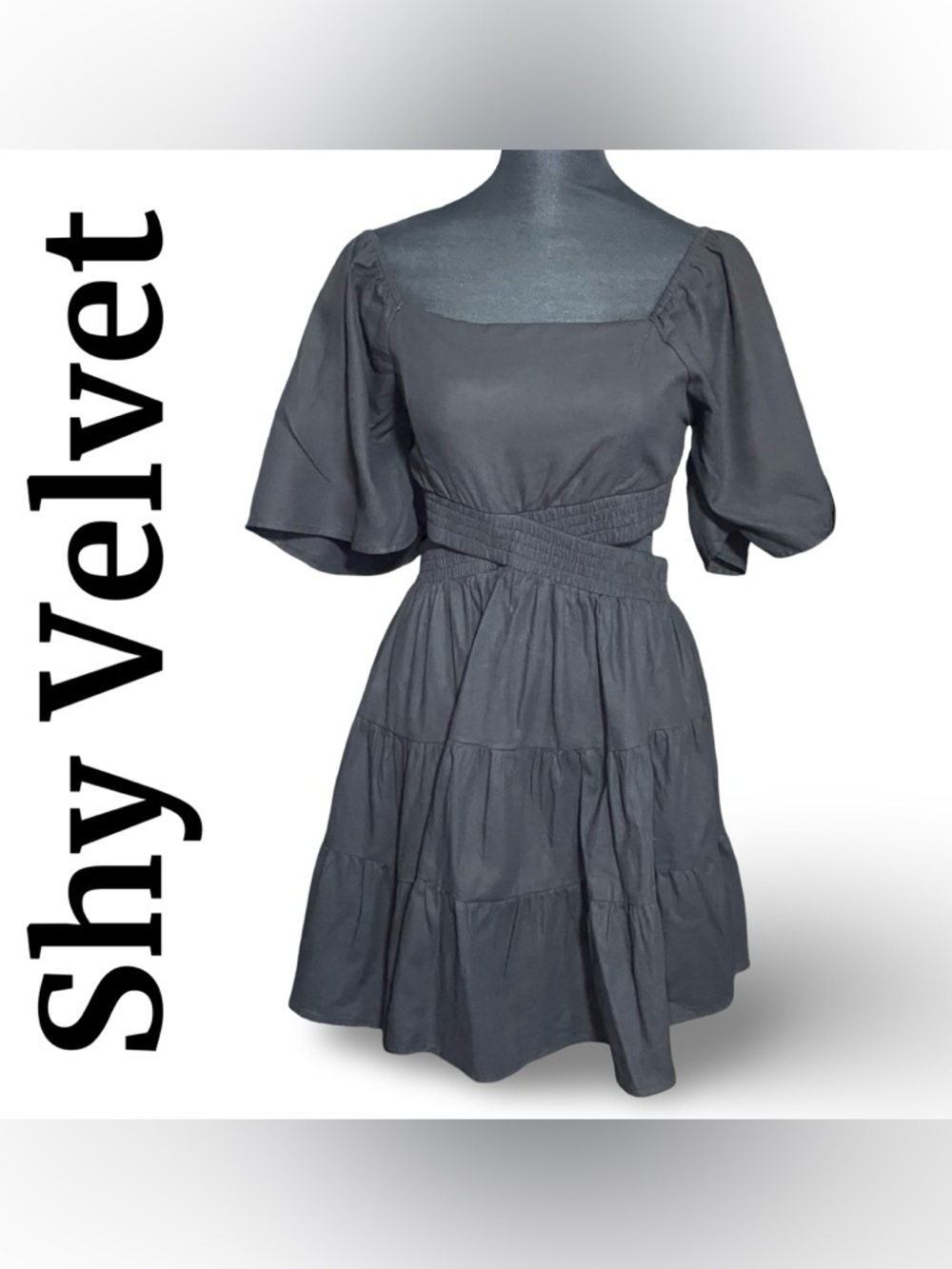 SHY VELVET Square Neck Short Flutter Sleeves Crossover Waist Mini Dress